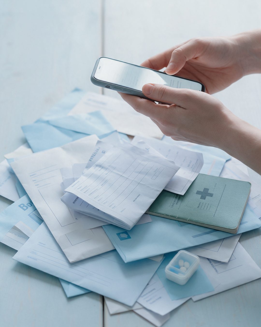 Manos con un celular sobre un mont&oacute;n de papeles m&eacute;dicos