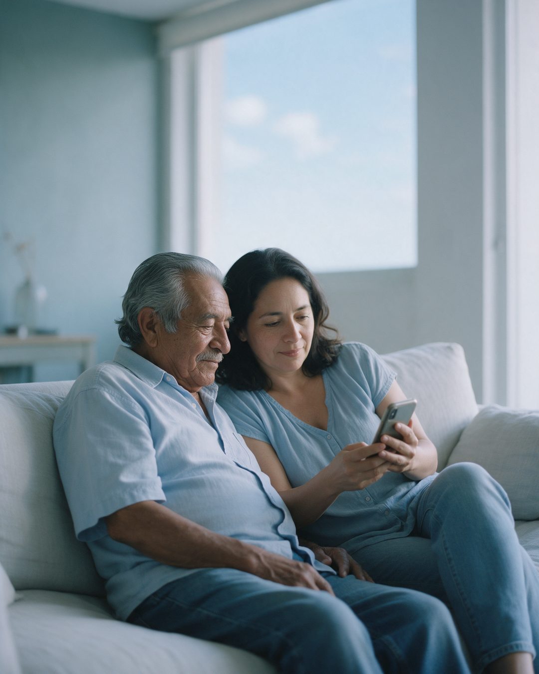 Un padre de 70 a&ntilde;os y su hija miran el celular juntos en el sof&aacute;